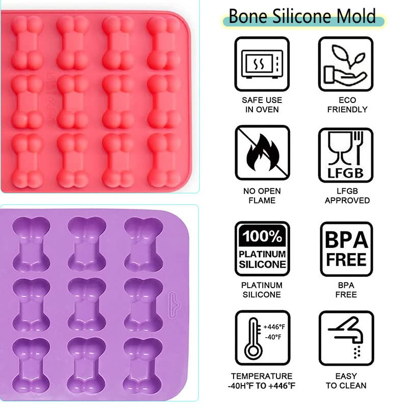 PIVHWIR Bone Silicone Molds, Food Grade Non-Stick Silicone Molds for Chocolate, Candy, Dog Treats, Jelly, Ice Cube ( 4 PCS, Red+Purple )