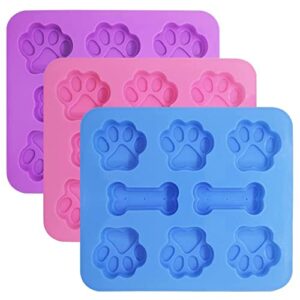 puppy paw bone silicone mold, baking mold, used for jelly, candy, chocolate, ice cube, can bake dog snack biscuits (pink, blue, purple) three-piece set