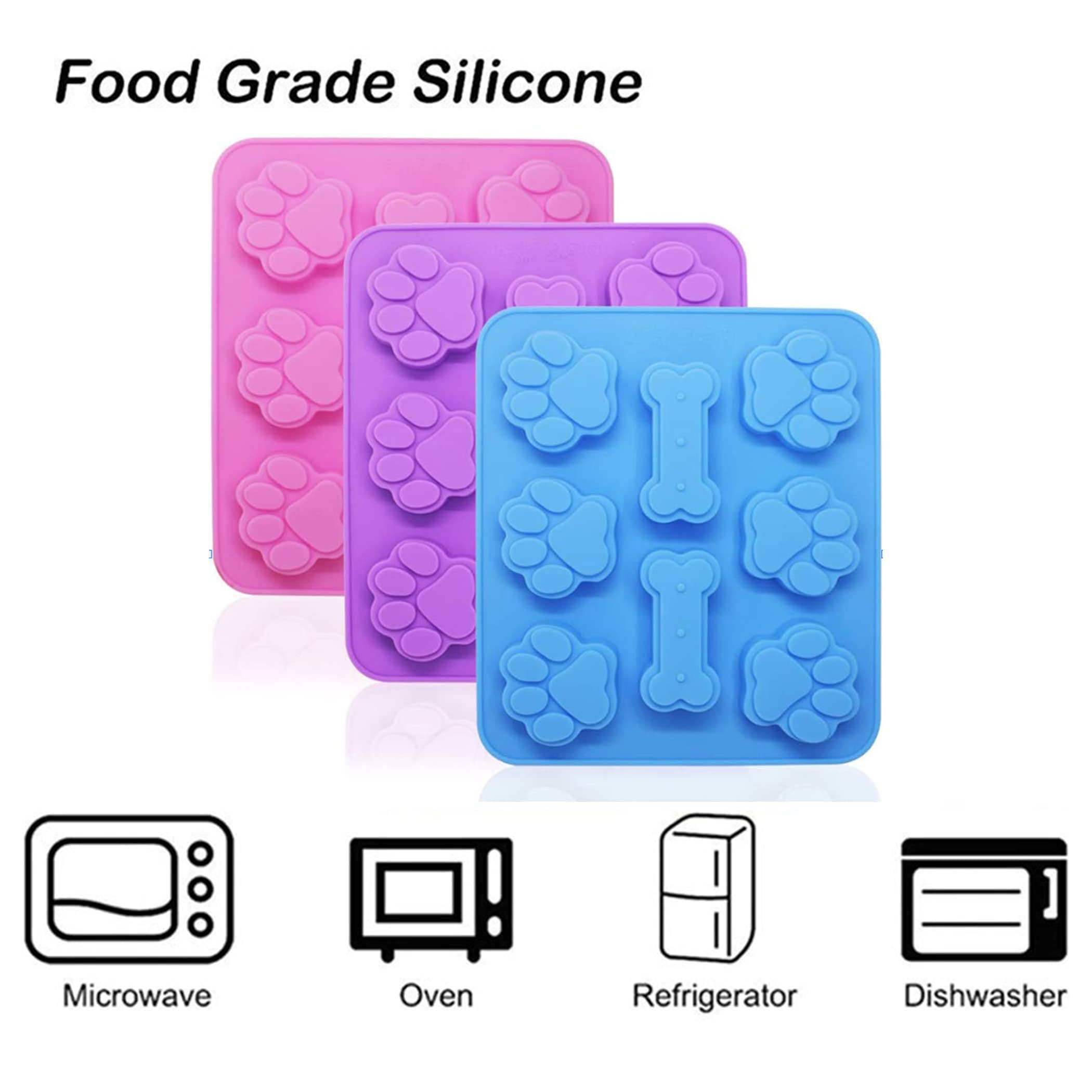 Puppy paw bone silicone mold, baking mold, used for jelly, candy, chocolate, ice cube, can bake dog snack biscuits (pink, blue, purple) three-piece set