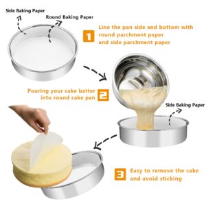 TeamFar 8 Inch Cake Pan Set of 3, Round Cake Pan Stainless Steel Round Baking Pan with 90 Pcs Round Parchment Papers & Parchment Paper Side Liner Roll(1.85 Inch × 111.5Ft), Healthy & Dishwasher Safe