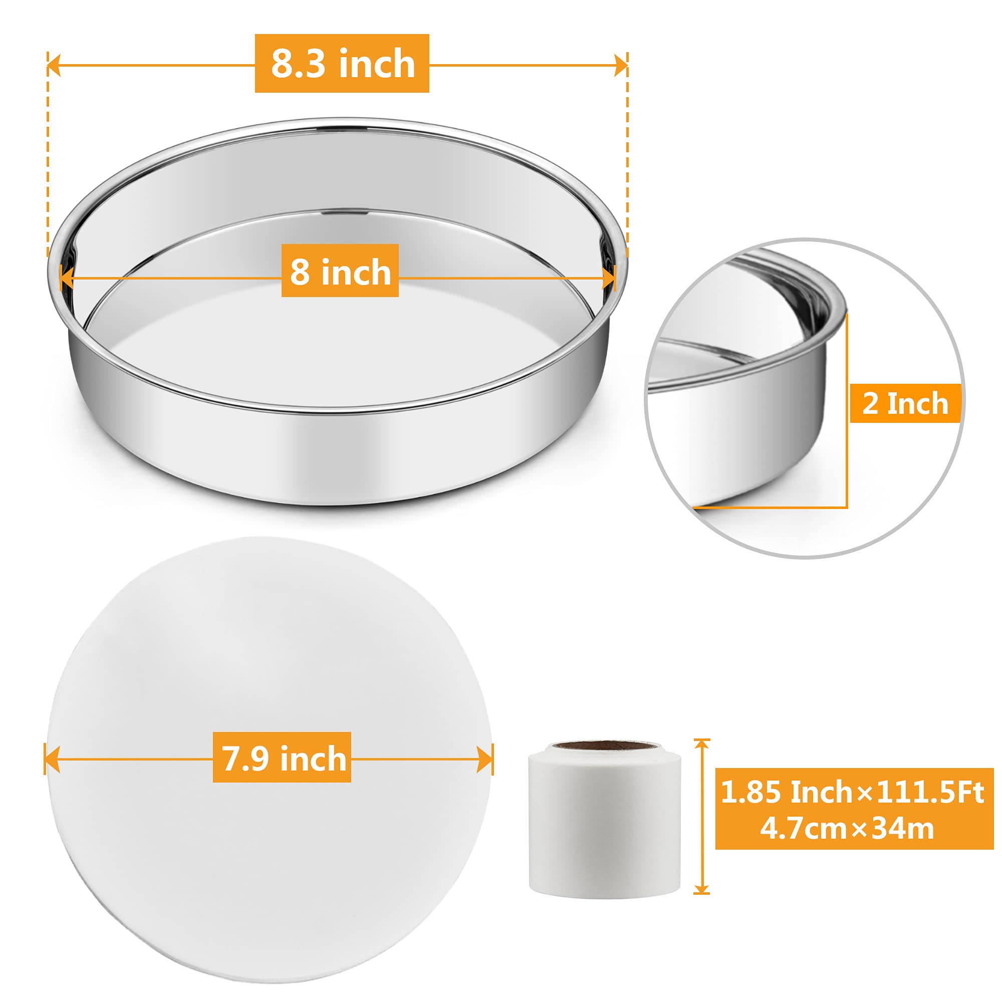 TeamFar 8 Inch Cake Pan Set of 3, Round Cake Pan Stainless Steel Round Baking Pan with 90 Pcs Round Parchment Papers & Parchment Paper Side Liner Roll(1.85 Inch × 111.5Ft), Healthy & Dishwasher Safe
