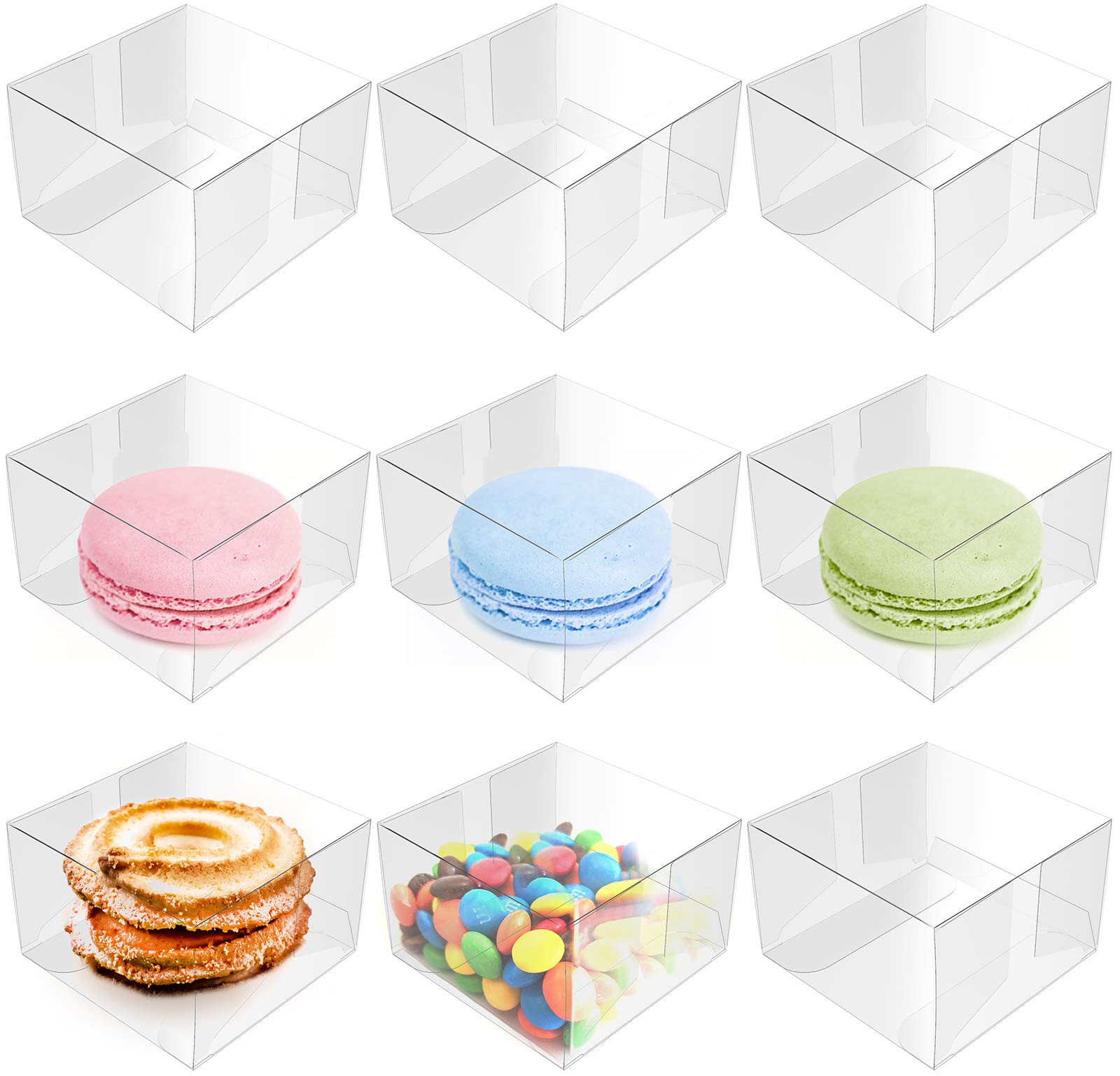 Nicunom 100 Pack Clear Macaron Boxes, Plastic Favor Boxes, 2.17" x 2.17" x 1.38" Bakery Boxes Candy Containers for Chocolate Cake Desserts Cupcakes Cookies Muffins Party Favors Packaging