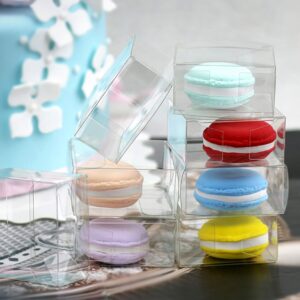 Nicunom 100 Pack Clear Macaron Boxes, Plastic Favor Boxes, 2.17" x 2.17" x 1.38" Bakery Boxes Candy Containers for Chocolate Cake Desserts Cupcakes Cookies Muffins Party Favors Packaging