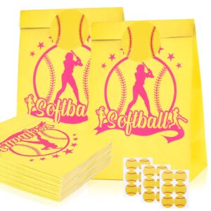 joymemo 16 pack softball party treat bags with stickers, fast pitch favor goodie gift paper bags for girls birthday supplies
