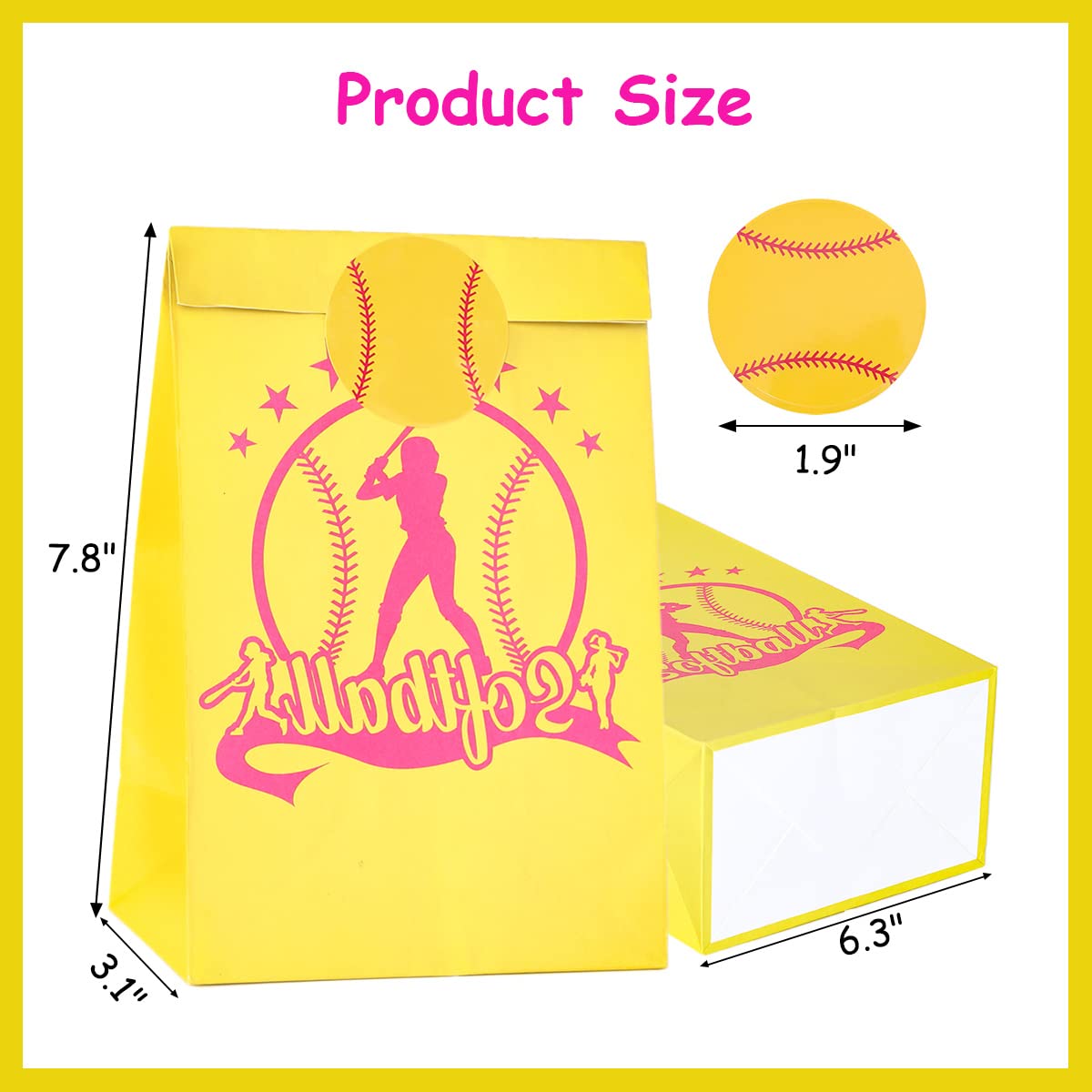 JOYMEMO 16 Pack Softball Party Treat Bags with Stickers, Fast Pitch Favor Goodie Gift Paper Bags for Girls Birthday Supplies