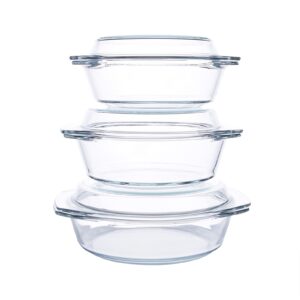 HUSANMP Set of 6 Pieces Round Tempered Glass Casserole Dish with Lids, Glass Casserole Baking Dish Set for Oven, Freezer and Dishwasher Safe - 1QT+1.5QT+1.8QT