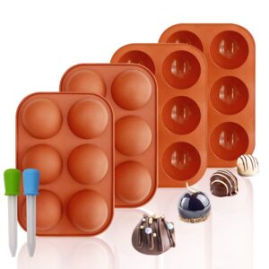 bunpena silicone molds, chocolate molds with 6 semi sphere jelly holes, 4 pack hot cocoa bomb mold for making hot chocolate bombs, dome mousse, cocoa ball, coco bomb (comes with 2 droppers), brown