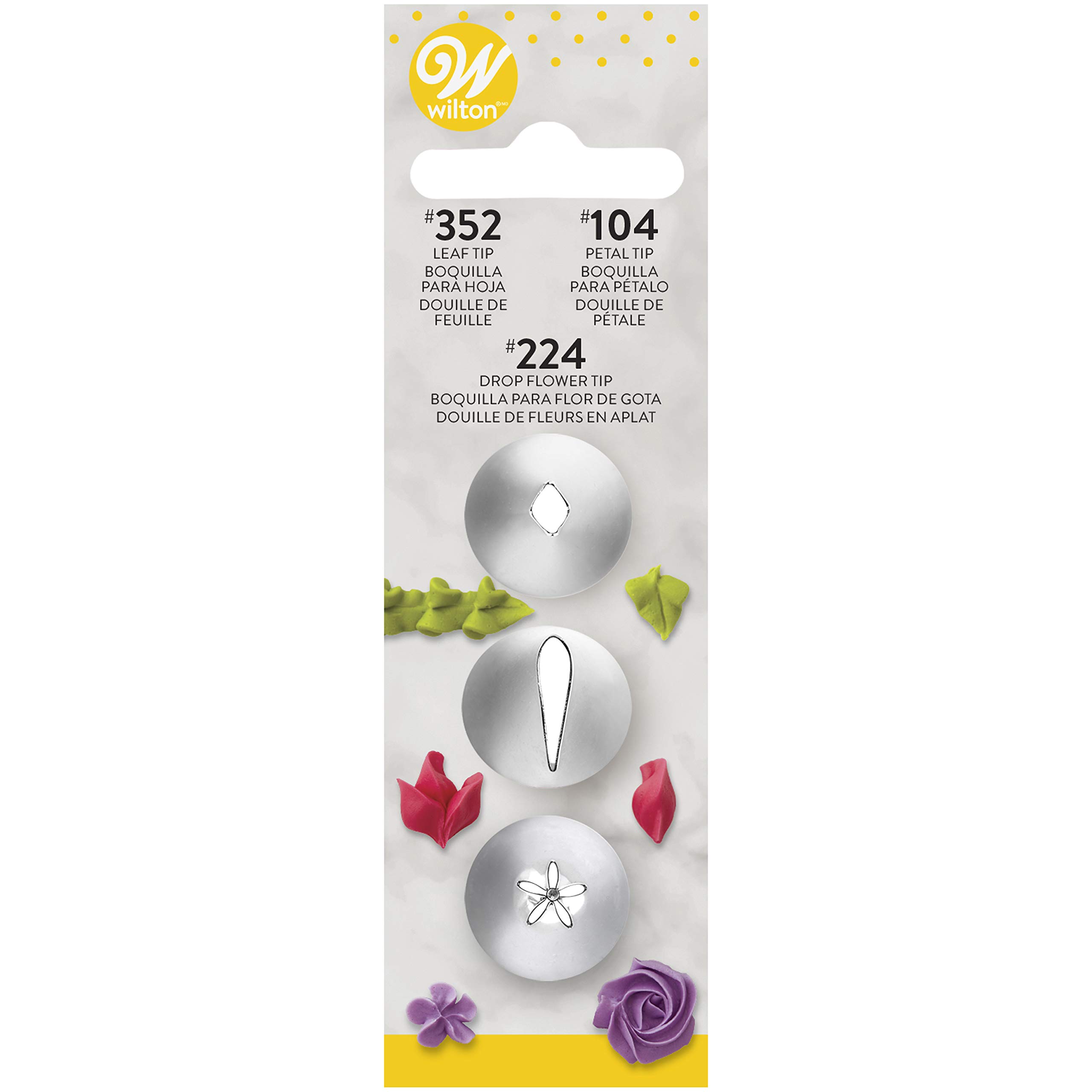 Wilton Decorating Tip Set 3/Pkg-#104 Petal/#352 Leaf/#224 Flower