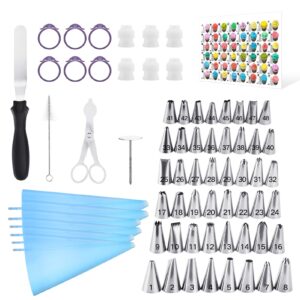 kasmoire 70 pcs cake&cupcake decorating supplies tips kit-48 numbered piping tips & 6 reusable pastry bag with pattern chart - flower nail, icing spatula,cleaning brush, 6 couplers & icing bag ties