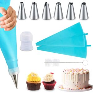 piping bags and nozzles set of 9 pcs with 1 converters,2 silicone bags and 6 premium stainless steel piping nozzles for decorating cakes & cupcakes