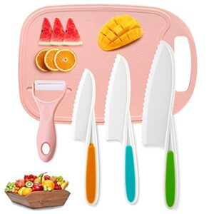 kids knifes set,nylon knives safe baking cutting cooking children's beginners cut fruits salad veggies cakefun firm grip serrated edges friendly childrens knife with cutting board peeler 5pack (pink)