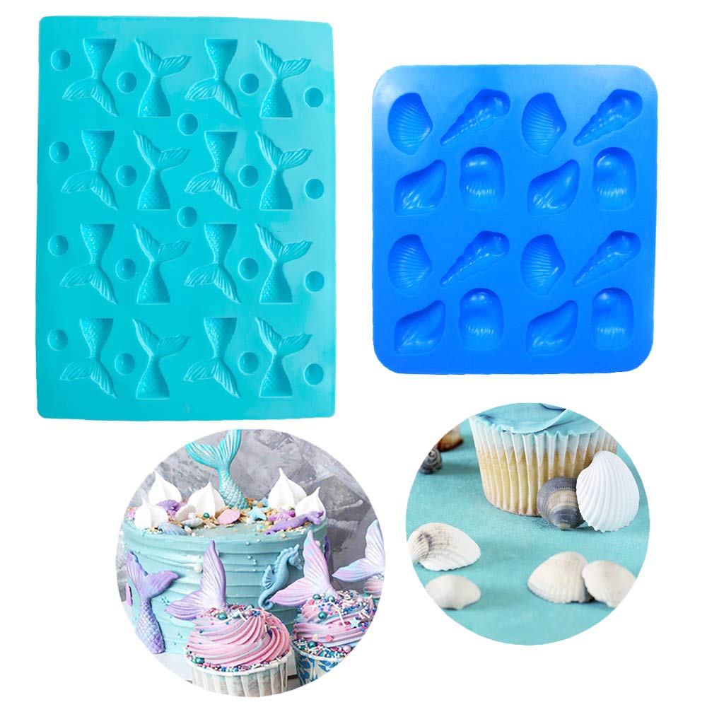 Seashell Silicone Fondant Mold Mermaid Tail Mold for Sea Creatures Beach Theme Wedding Birthday Party Cake Decoration Cupcake Topper (Set of 2)