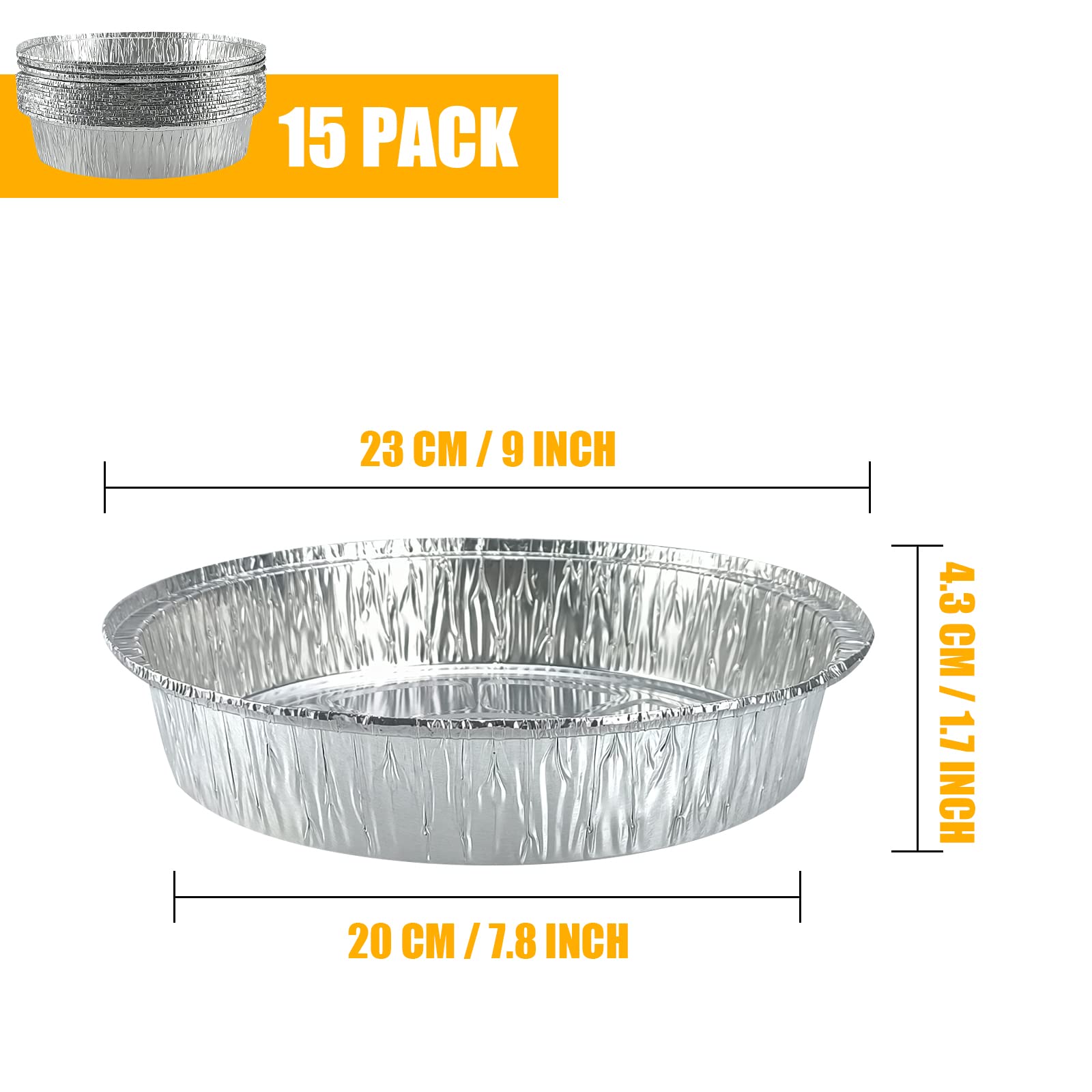RTUDOPUYT 9 Inch Disposable Pie Pans, 15pc Aluminum Foil Pie Tins, Aluminum Foil Pans for Tart Baking, Storing, Serving & Reheating - Standard Size