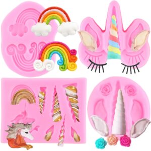 zixiang unicorn silicone molds unicorn horn ears rainbow fondant molds for cake decorating cupcake topper jelly chocolate candy polymer clay gum paste set of 4