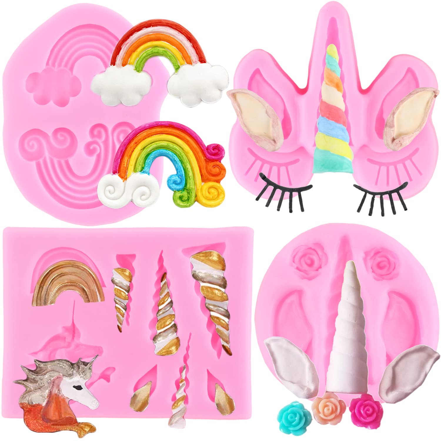 ZiXiang Unicorn Silicone Molds Unicorn Horn Ears Rainbow Fondant Molds For Cake Decorating Cupcake Topper Jelly Chocolate Candy Polymer Clay Gum Paste Set of 4