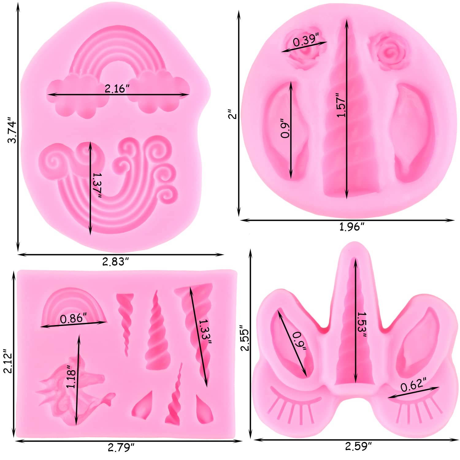 ZiXiang Unicorn Silicone Molds Unicorn Horn Ears Rainbow Fondant Molds For Cake Decorating Cupcake Topper Jelly Chocolate Candy Polymer Clay Gum Paste Set of 4