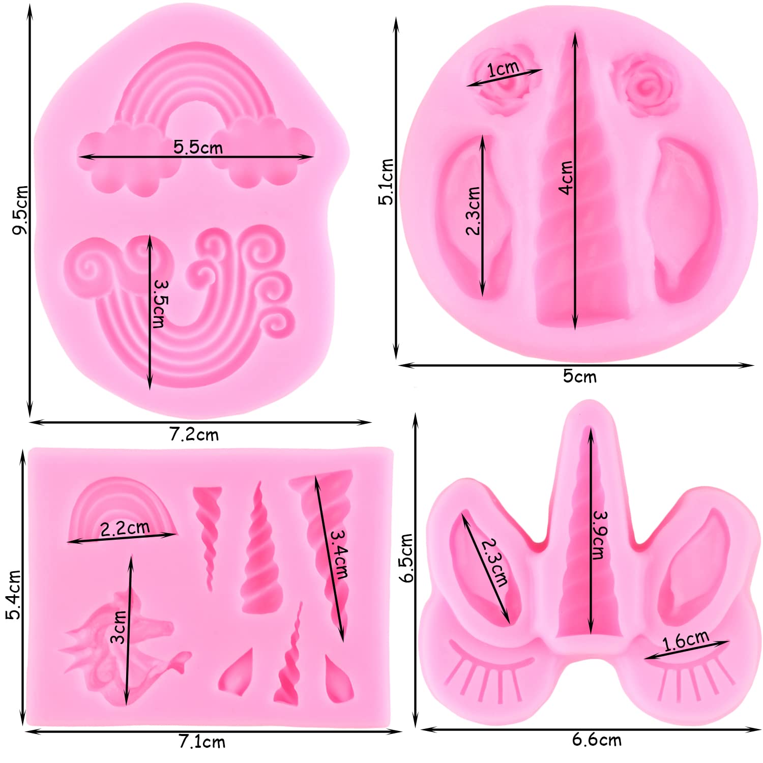 ZiXiang Unicorn Silicone Molds Unicorn Horn Ears Rainbow Fondant Molds For Cake Decorating Cupcake Topper Jelly Chocolate Candy Polymer Clay Gum Paste Set of 4