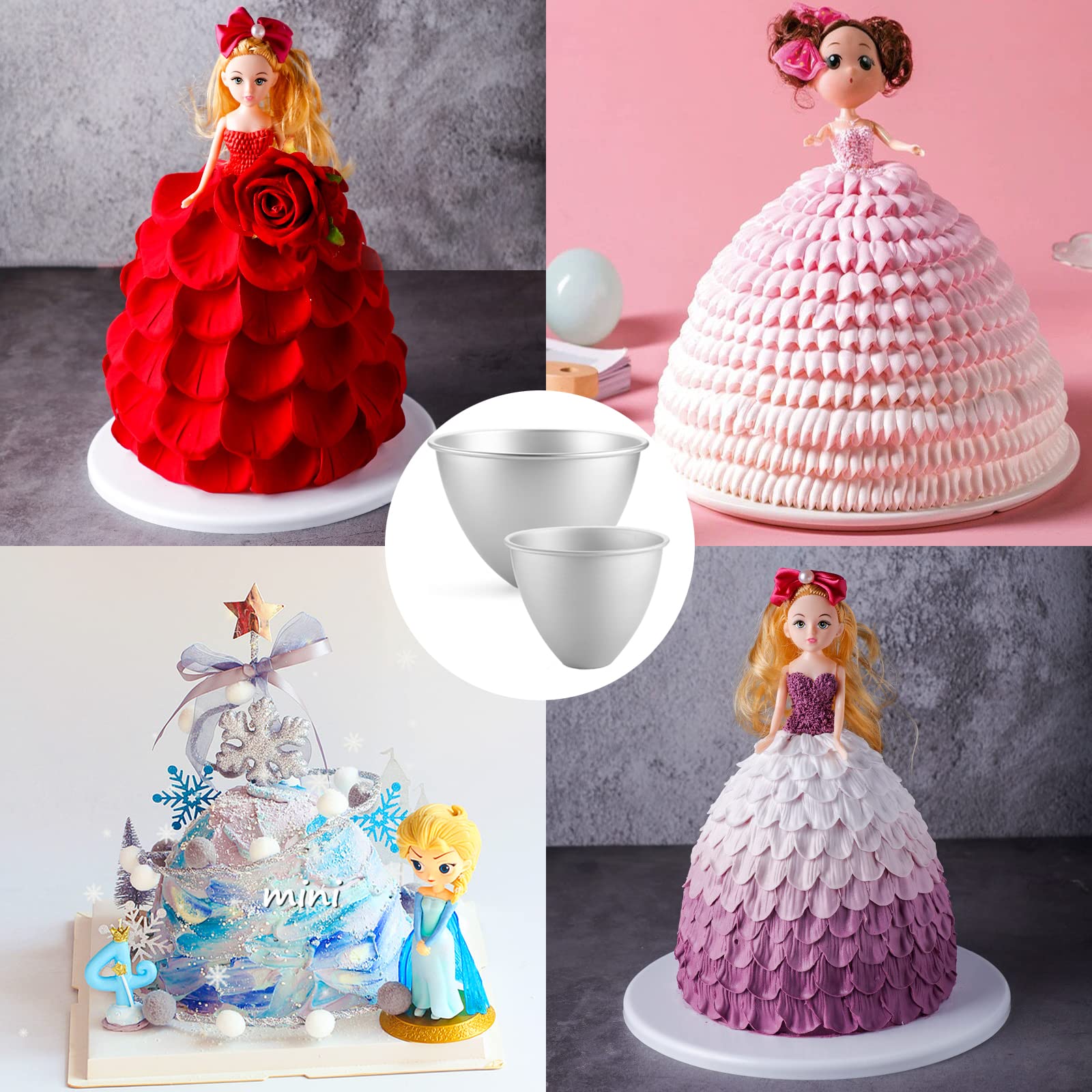 WUWEOT 2 Pack Doll Dress Cake Pan Mold, 8" & 6" Princess Skirt Cake Mold, Non Stick Aluminum Semicircle Dessert Mold Baking Supplies for Home Party Banquet Sugarcraft Chocolate Decoration