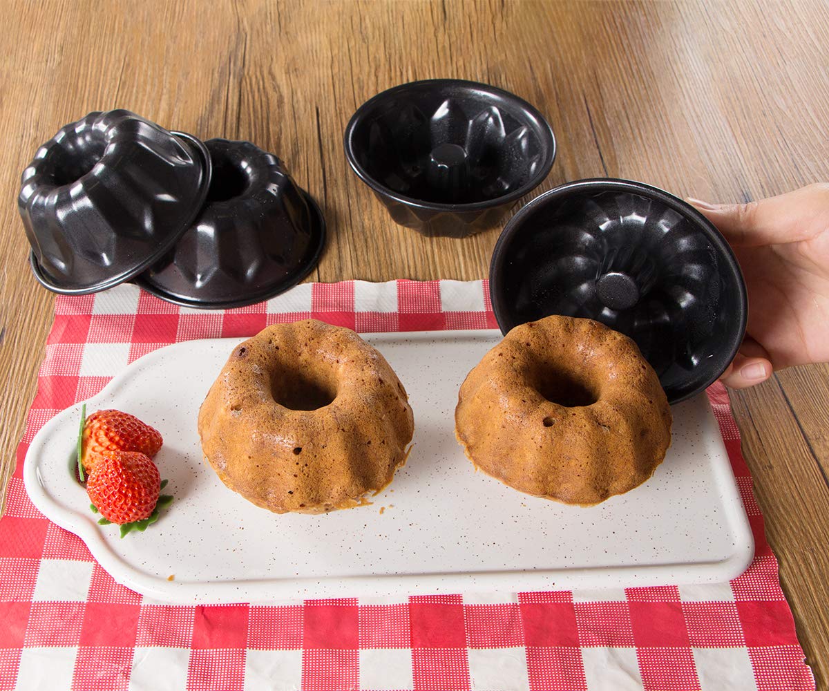 Webake 4 Inch Mini Fluted Tube Pans Nonstick Bakeware Set of 4 for Bundtlette, Angel Food Cake, Kugelhopf, Brownie