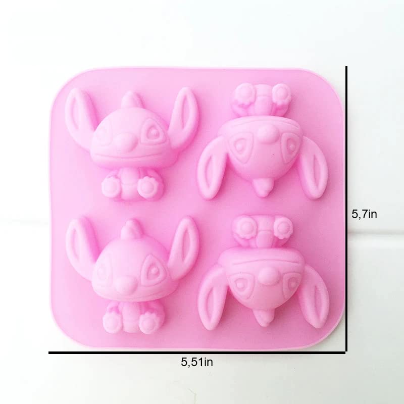 INKU 4 Cavity Lilo and Stitch Silicone Mold for DIY Fondant Candy Chocolate Molds DIY Cake Tray 3D Chocolates Hard Sweets Desserts Candles Drop Glue Decoration Birthday Party Cake Decor Candy Mold