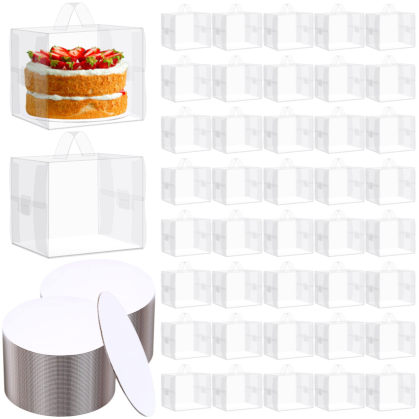 50 Pcs Clear Cake Boxes and 50 Pcs 6 Inch Round White Cake Boards 6x6x5inch Transparent Bakery Boxes with Boards Plastic Cake Carrier with Lid and Handle for Wedding Birthday Baby Shower Party Favor