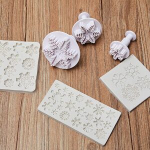 6 Pieces Snowflake Fondant Mold Silicone Baking Mold Chocolate Dessert Molds with Snowflake Plunger Cutters Cake Embossing Tools for Cake Decorations