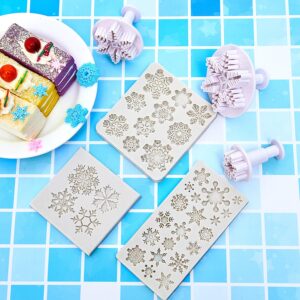 6 Pieces Snowflake Fondant Mold Silicone Baking Mold Chocolate Dessert Molds with Snowflake Plunger Cutters Cake Embossing Tools for Cake Decorations