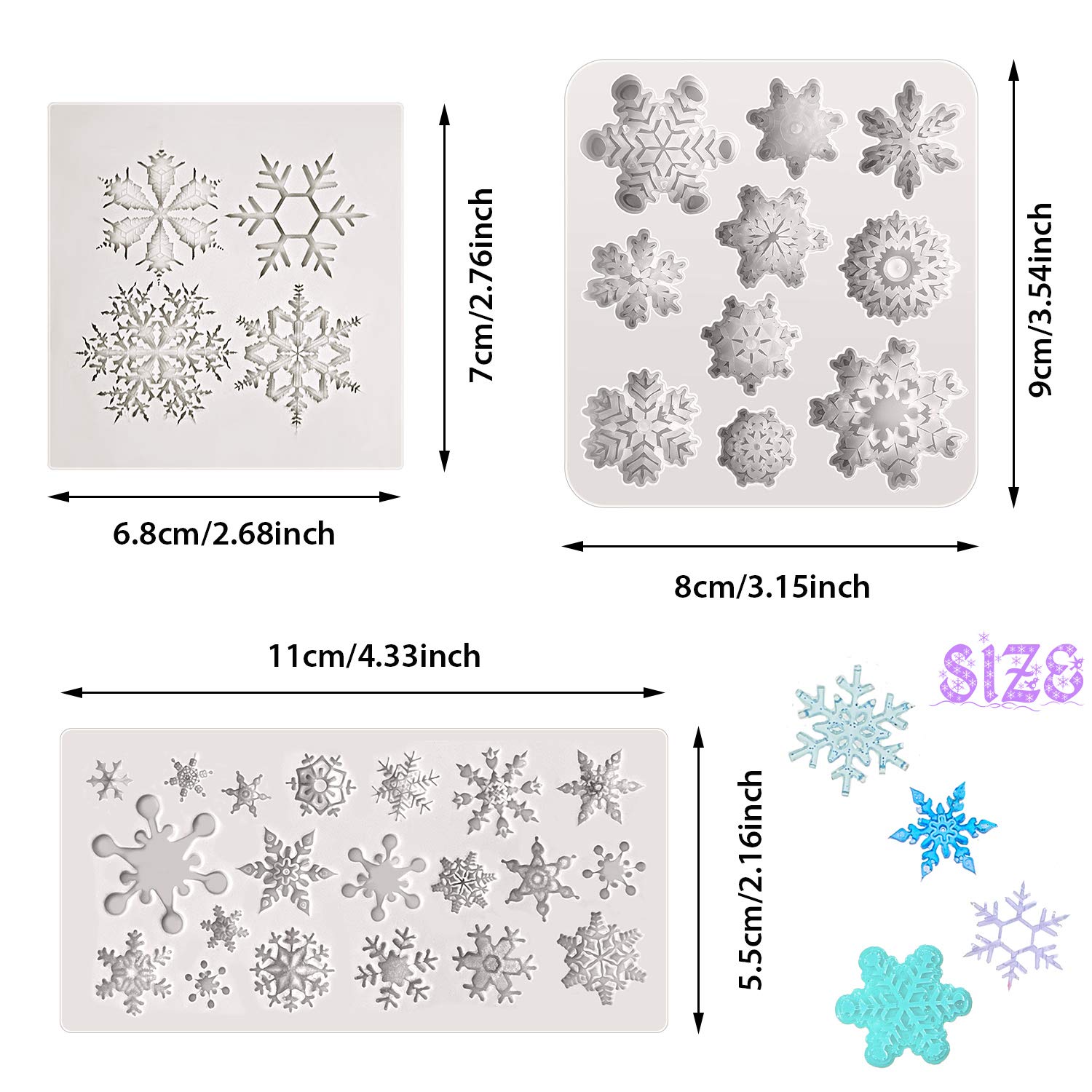 6 Pieces Snowflake Fondant Mold Silicone Baking Mold Chocolate Dessert Molds with Snowflake Plunger Cutters Cake Embossing Tools for Cake Decorations