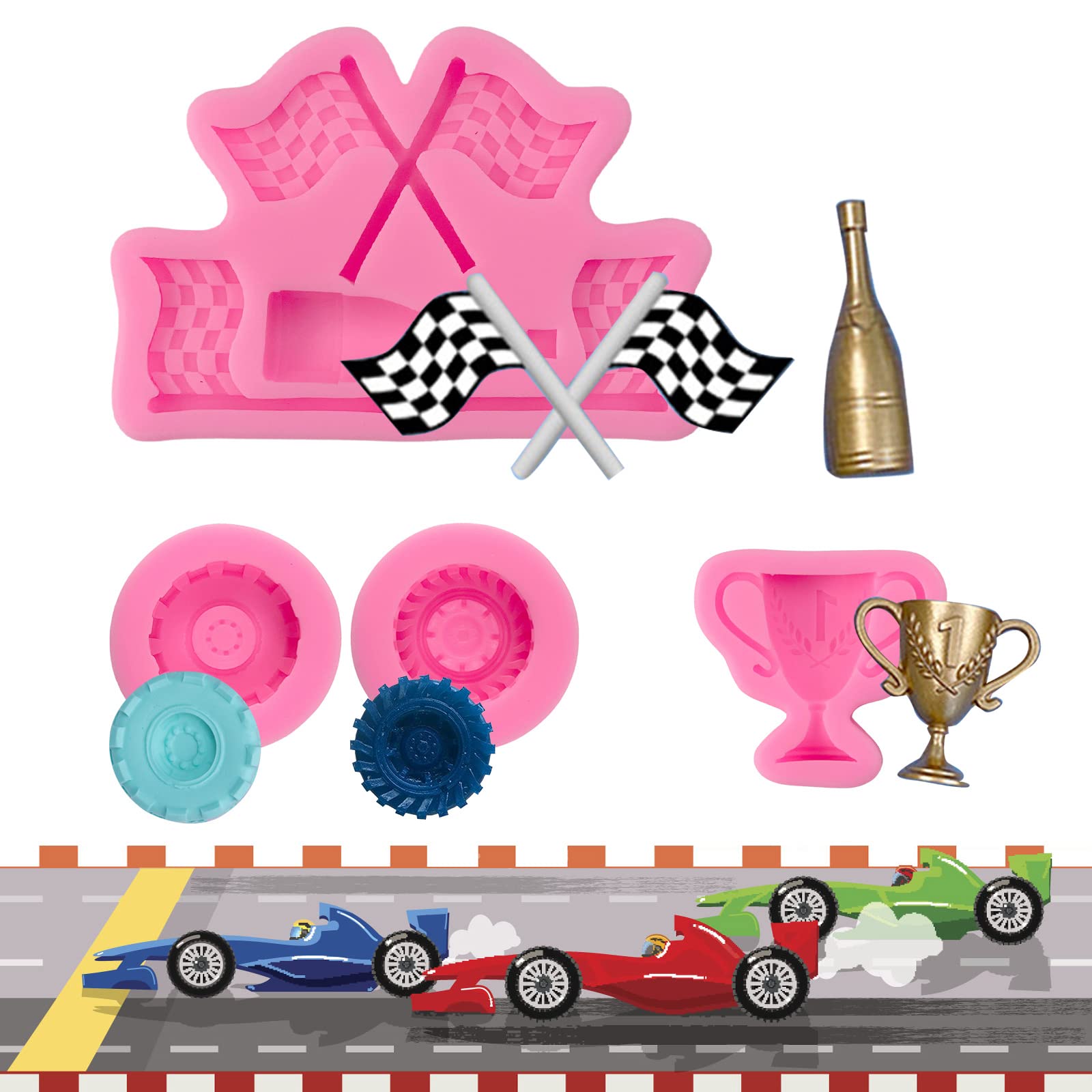 Race Car Silicone Molds, 3D Round Tire Fondant Mold, Truck Wheel Shape Silicone Mold, Racing Car Chocolate Candy Mold Baking Mold Cupcake Topper Decoration for DIY Boy Birthday Clay Resin Crafting