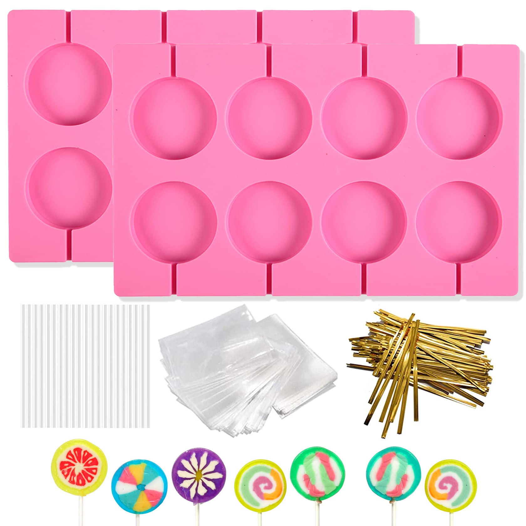 Fusang 2Pcs 8 Capacity Silicone Lollipop Molds,Hard Candy Chocolate Sucker Mold with 20pcs 3.15 inch Lollypop Sucker Sticks,100pcs Candy Treat Bags,100pcs Gold Ties