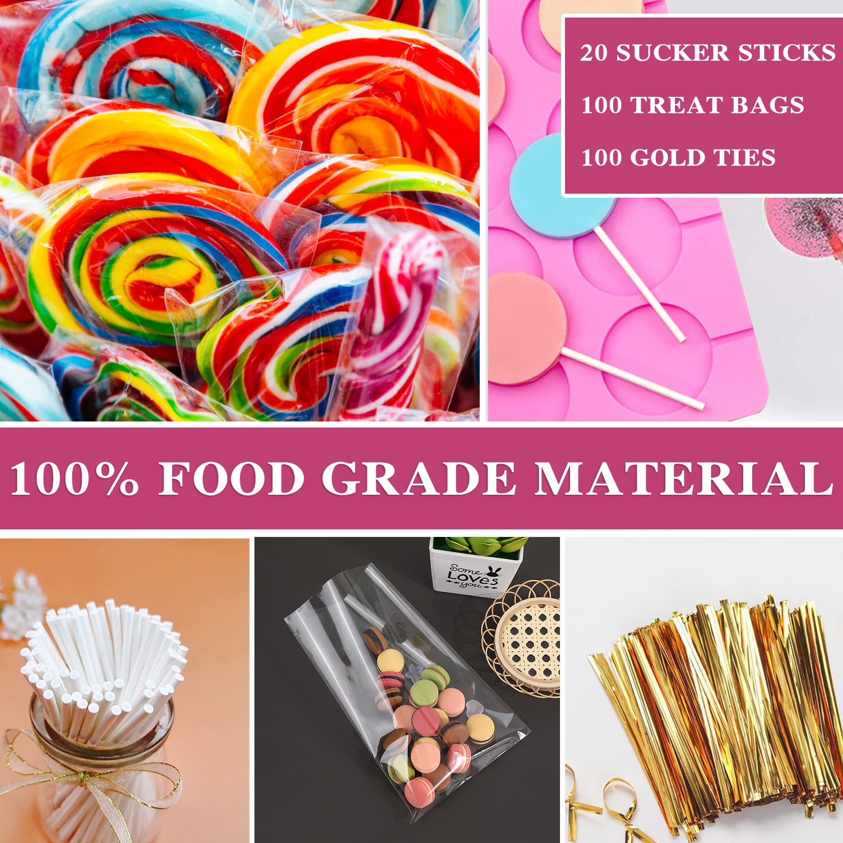 Fusang 2Pcs 8 Capacity Silicone Lollipop Molds,Hard Candy Chocolate Sucker Mold with 20pcs 3.15 inch Lollypop Sucker Sticks,100pcs Candy Treat Bags,100pcs Gold Ties