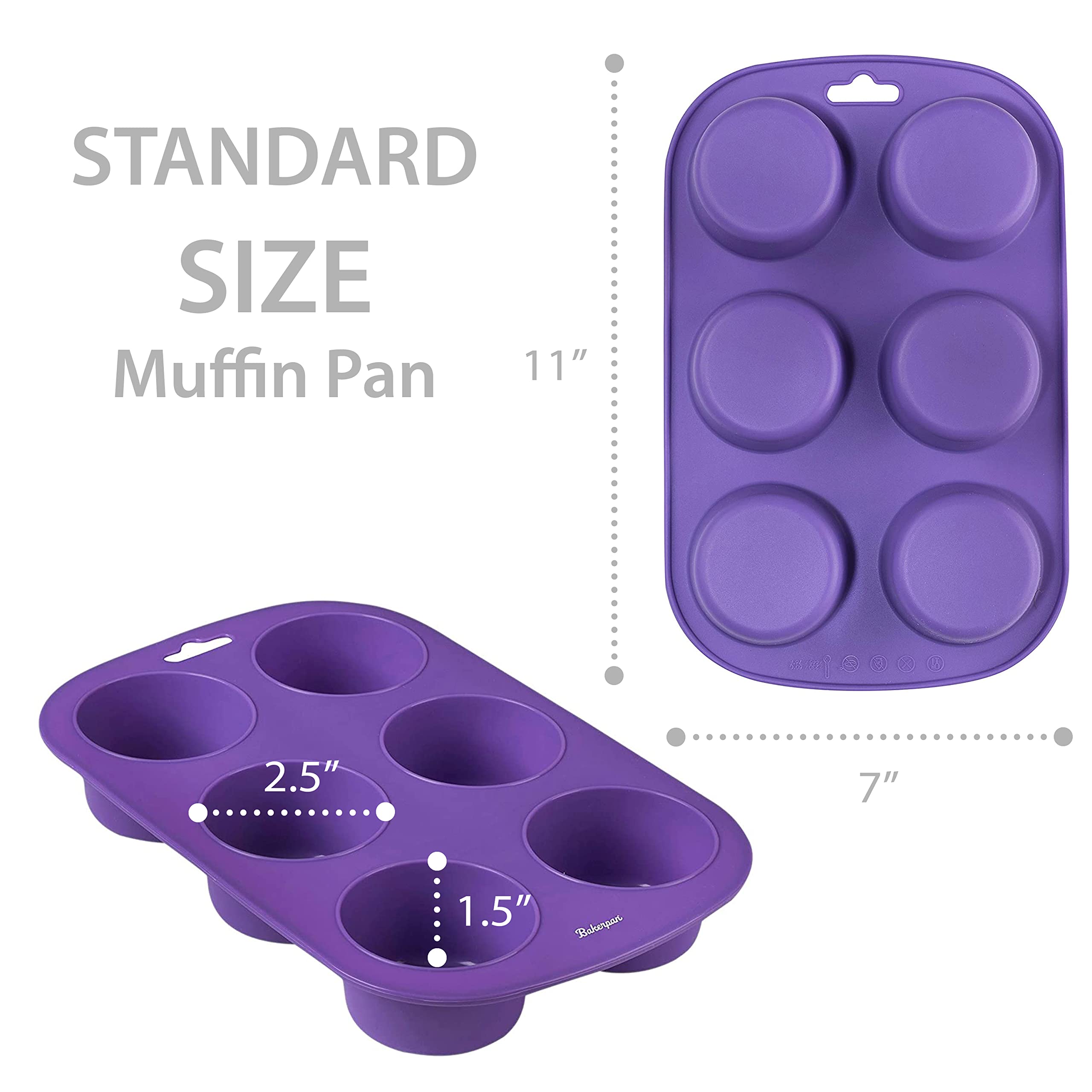 Bakerpan Silicone Muffin Pan, Non Stick Cupcake Tray, Muffin Baking Cups, Silicone Muffin Tray, 6 Cup Cupcake Pan, Purple - Set of 2