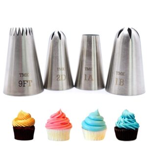 tumenque 4 pack stainless steel seamless piping icing tips #9ft 1b 2d 1a, large star piping nozzle, cake decorating tools for baker