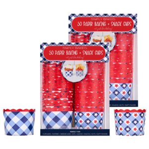 Simply Baked Large 5 Ounce Disposable Paper Baking Cups, 100 Pack of Cupcake Muffin Wrappers for Baking or Party, Treats, Candy, and Snack Cups, Patriotic Gingham