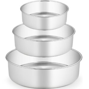 teamfar 6/8 / 9 inch cake pan, stainless steel round baking pan for cake brownie lasagna, non-toxic & heavy duty, 3” deep wall & one piece, smooth & dishwasher safe-set of 3