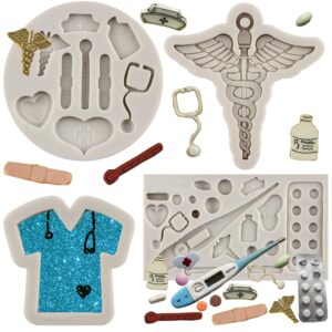 mypracs medical apparatus tablet silicone mold nurse hat stethoscope pill bottle bandage thermometer medical fondant mold for cake decorating cupcake topper candy chocolate gum paste clay set of 4