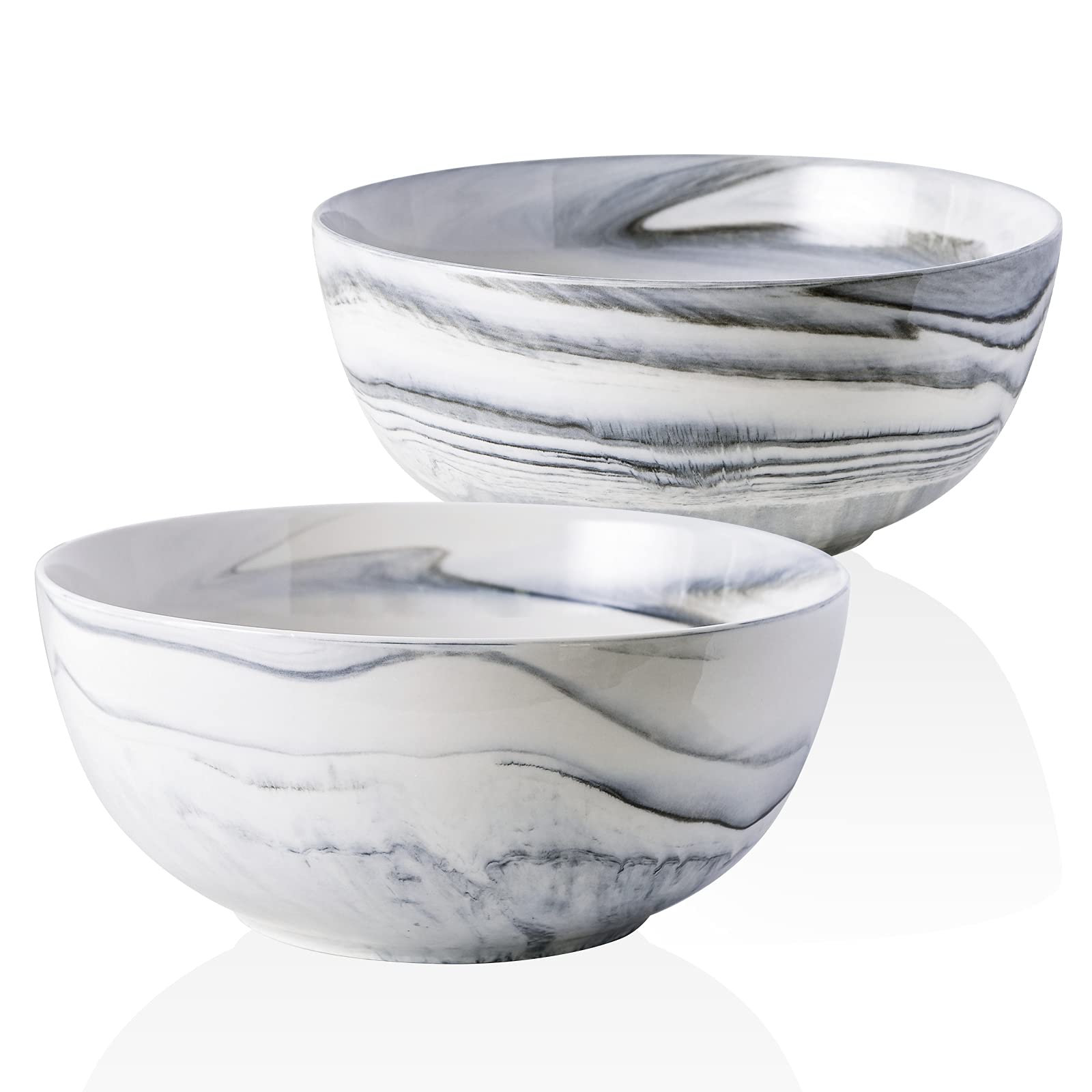 Yundu 9'' Deep and Large Mixing Bowls,84 oz Porcelain Serving Bowls for Pasta Fruit Soup Salad, Set of 2-Grey Marbled