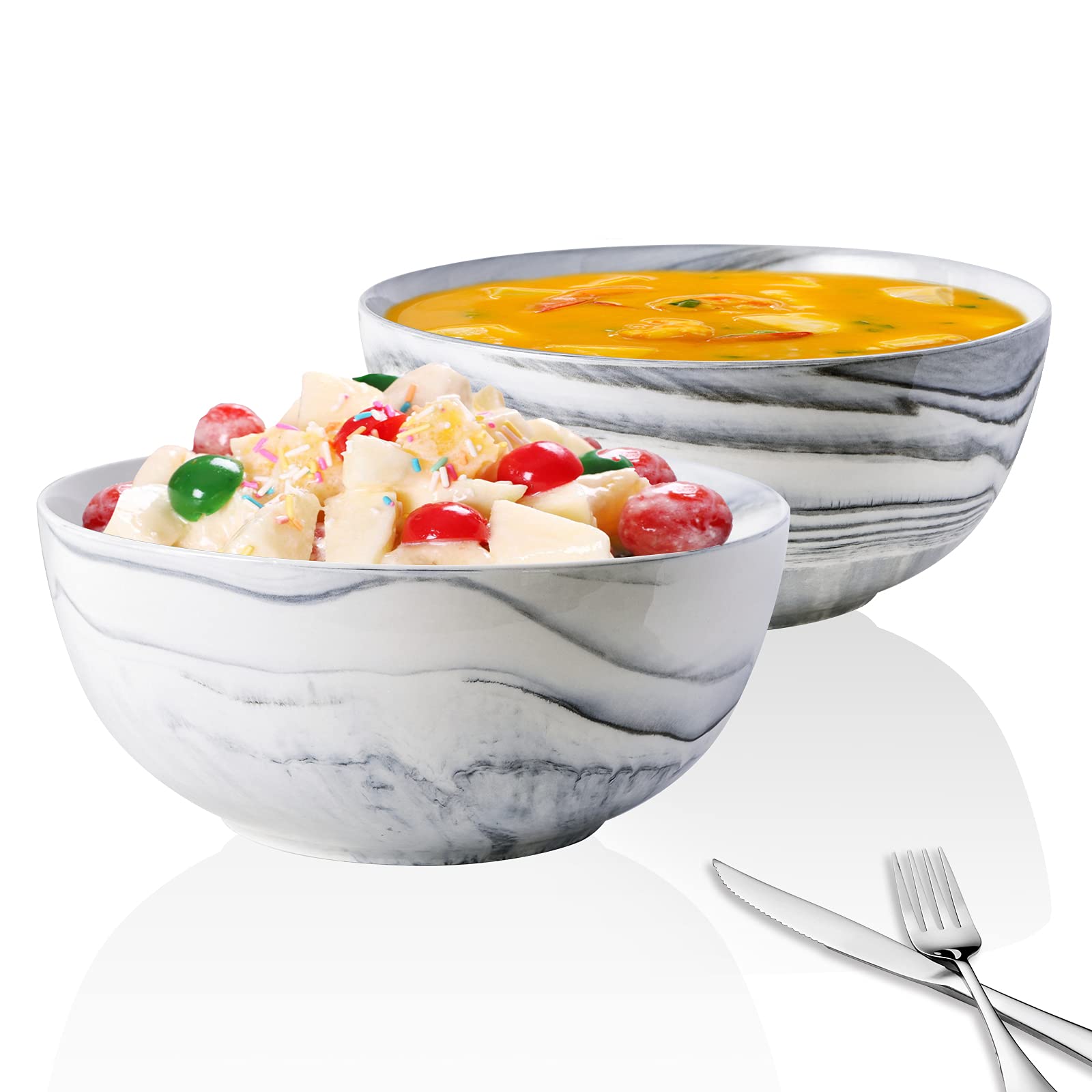 Yundu 9'' Deep and Large Mixing Bowls,84 oz Porcelain Serving Bowls for Pasta Fruit Soup Salad, Set of 2-Grey Marbled