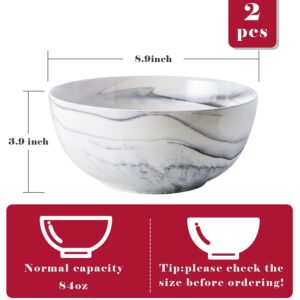 Yundu 9'' Deep and Large Mixing Bowls,84 oz Porcelain Serving Bowls for Pasta Fruit Soup Salad, Set of 2-Grey Marbled