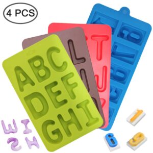 4 Pcs Silicone Numbers Alphabets Trays Molds, FineGood 26 letters & Numbers Candy Mould Biscuit Chocolate DIY Baking Pans Ice Cube Making Trays -green, brown, red, blue