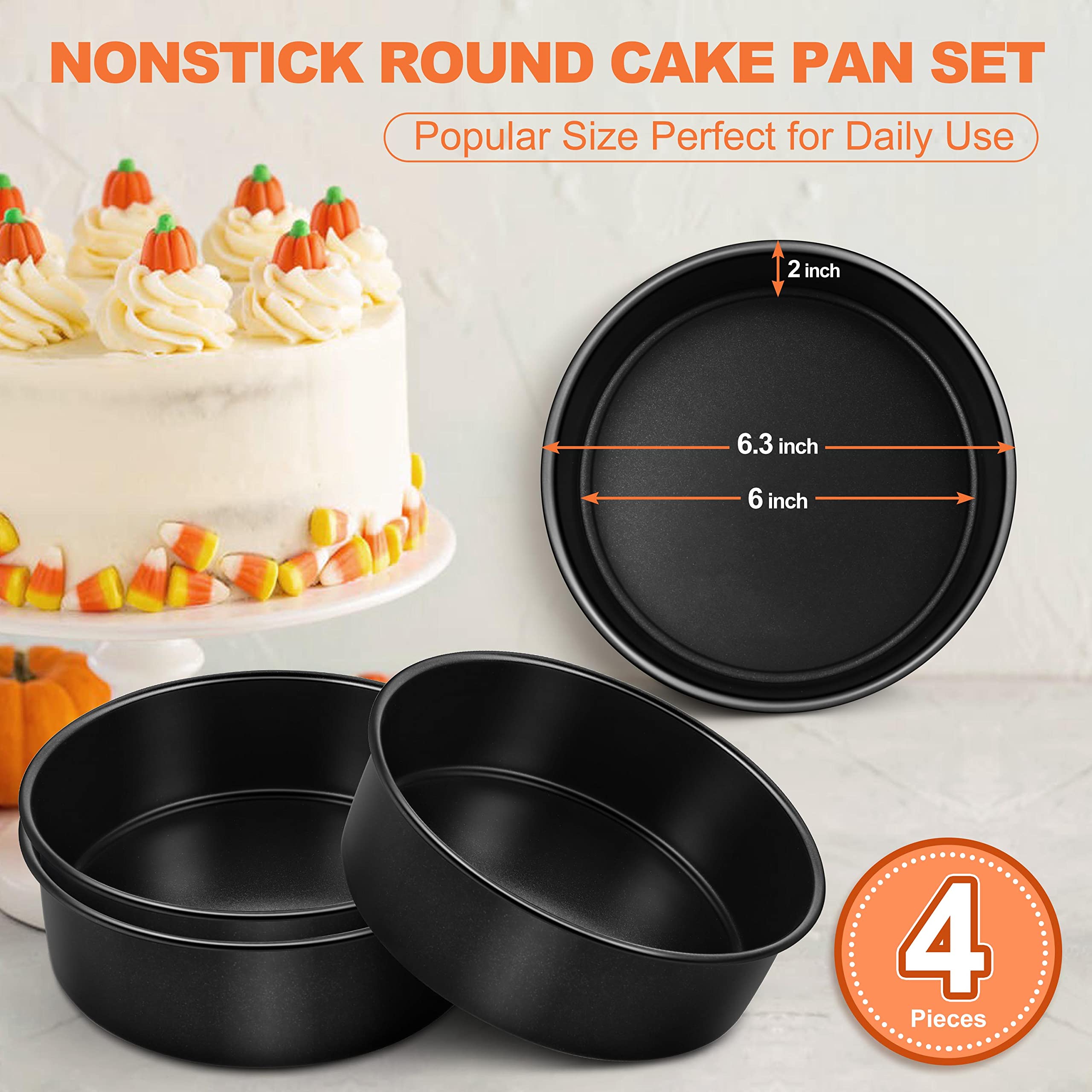 Homikit 6 Inch Cake Pan Set of 4, Stainless Steel Nonstick Round Cake Baking Pan Mold, Metal Birthday Wedding Smash Layer Cheesecake Pans for Circle Cake Pizza Pie Tart Quiche, Healthy & Oven Safe