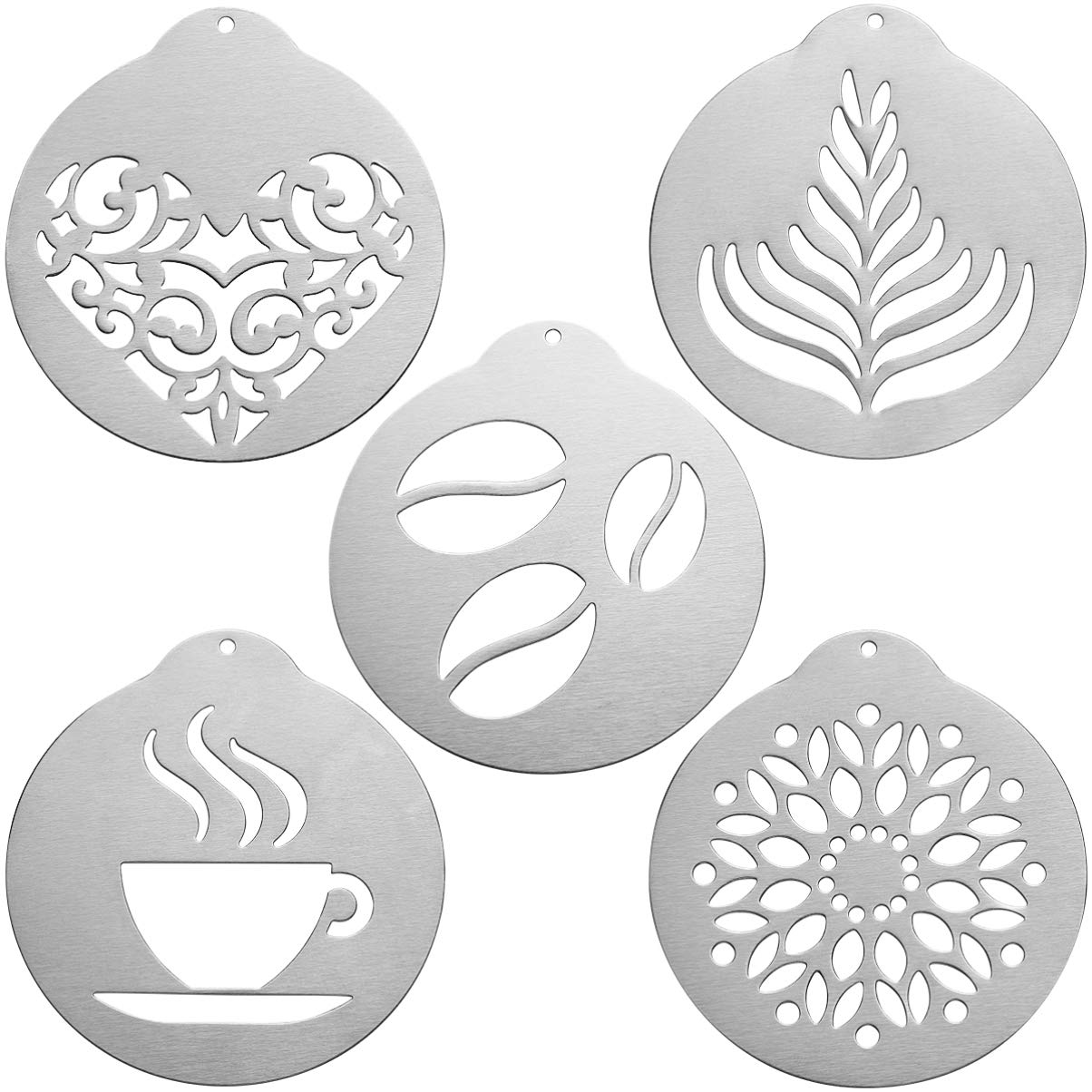 DOITOOL 5Pcs Stainless Steel Coffee Decorating Stencils, Metal Foam Latte Art Templates, Reusable Barista Cappuccino Chocolate Templates Coffee Garland Mould Cake Decorating Tool