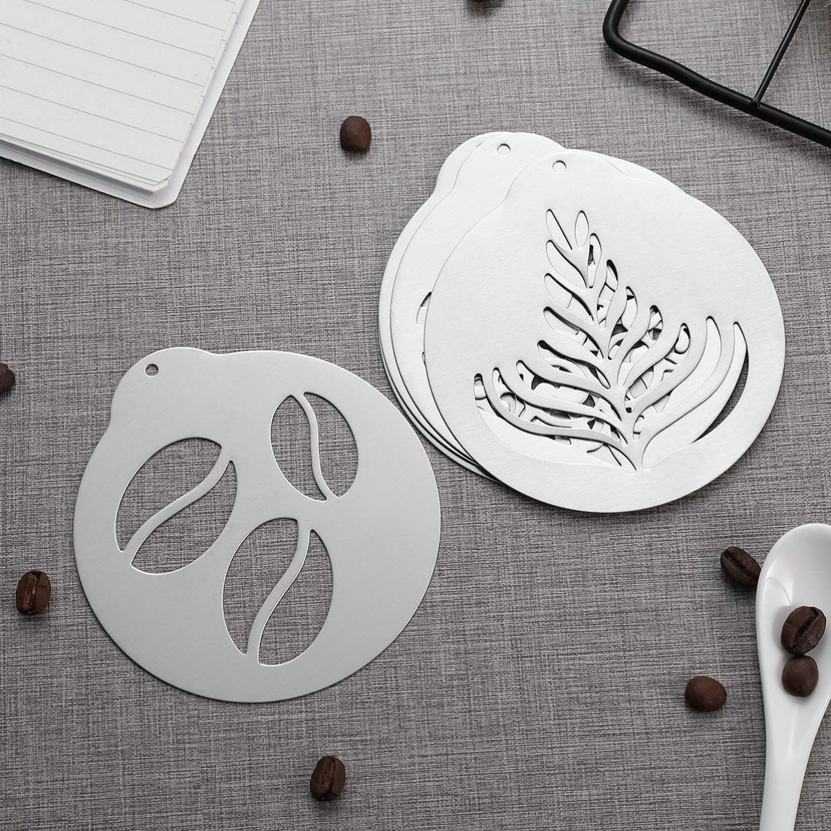 DOITOOL 5Pcs Stainless Steel Coffee Decorating Stencils, Metal Foam Latte Art Templates, Reusable Barista Cappuccino Chocolate Templates Coffee Garland Mould Cake Decorating Tool