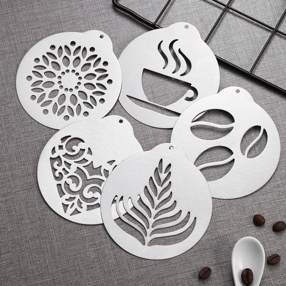 DOITOOL 5Pcs Stainless Steel Coffee Decorating Stencils, Metal Foam Latte Art Templates, Reusable Barista Cappuccino Chocolate Templates Coffee Garland Mould Cake Decorating Tool