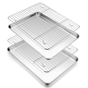 p&p chef 12.5 inch toaster oven pan and rack set，4 pieces stainless steel baking pan oven trays with cooling rack, non toxic & dishwasher safe，2 pans + 2 racks