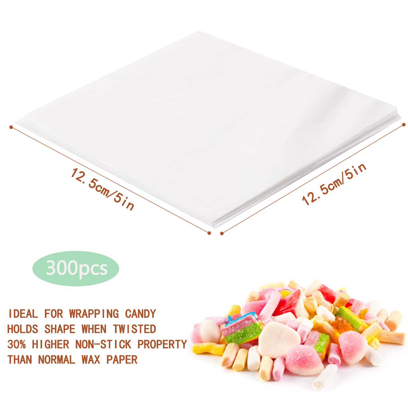 300 Pcs Candy Wrappers for Caramels Non Stick Wax Paper Sheets for Food, 5x5 Inch Parchment Paper Squares Caramel Wrappers Precut Candy Wrapper Paper for Chocolate, Patty, Caramel, Cheese