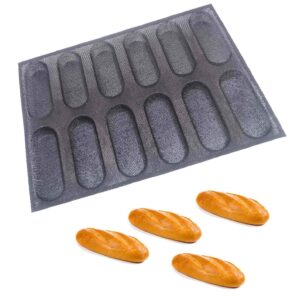 heffiso Silicone Baguette Moulds Mini Hot Dog Bun Mold Bread Bun Mold Pans Non-Stick Reusable Sandwich Baking Form French Bread Pan Hoagie Roll Baking Pans Perforated Mould 12-Loaf Bread Pans
