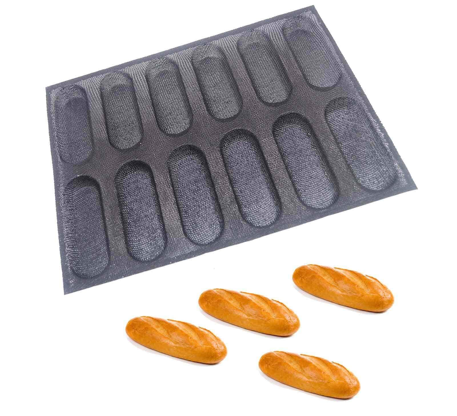 heffiso Silicone Baguette Moulds Mini Hot Dog Bun Mold Bread Bun Mold Pans Non-Stick Reusable Sandwich Baking Form French Bread Pan Hoagie Roll Baking Pans Perforated Mould 12-Loaf Bread Pans