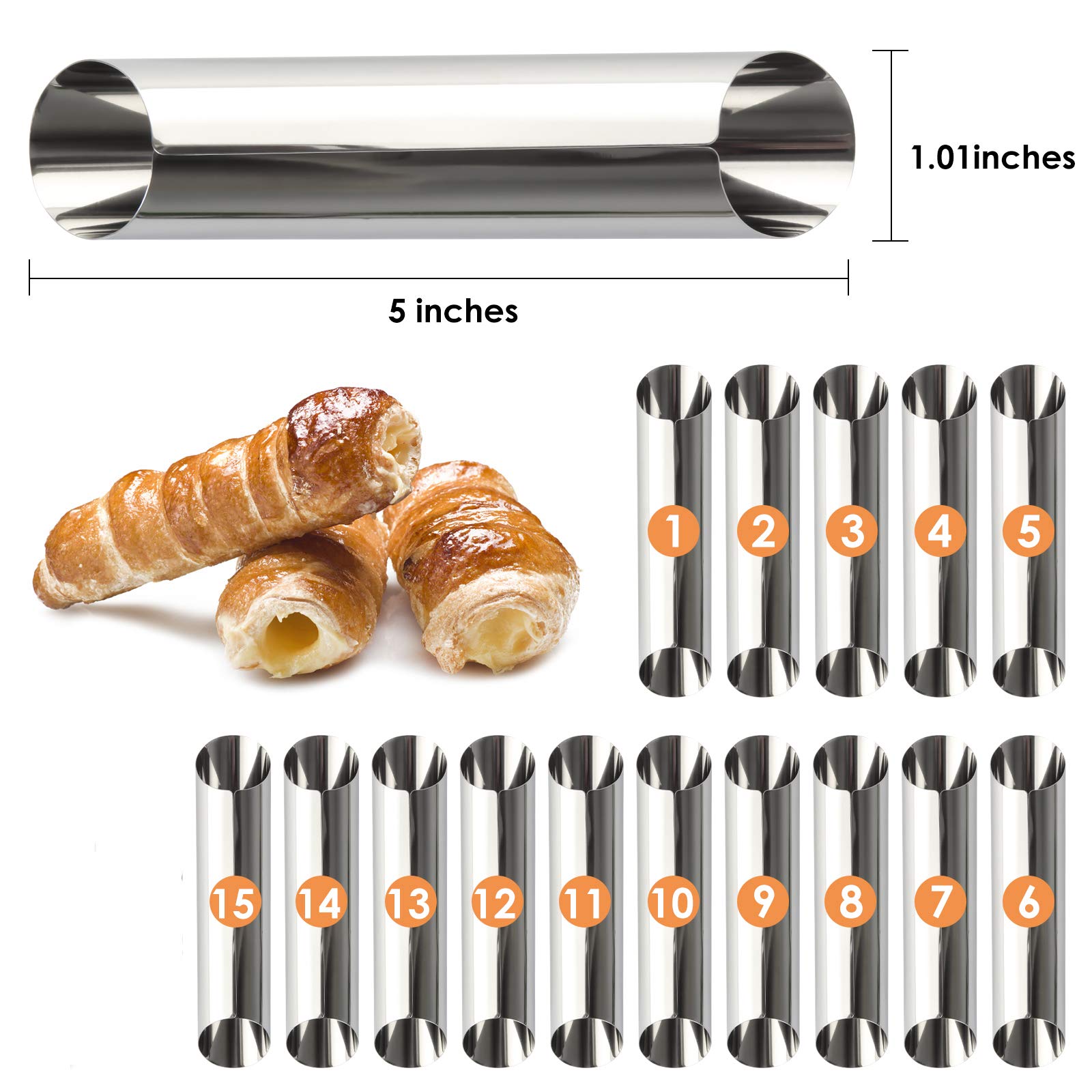 Cannoli Tubes,5 inch Large Stainless Steel Cannoli Forms Non-stick cream horn Danish Pastry Molds for Croissant Shell Cream Roll Pack of 15