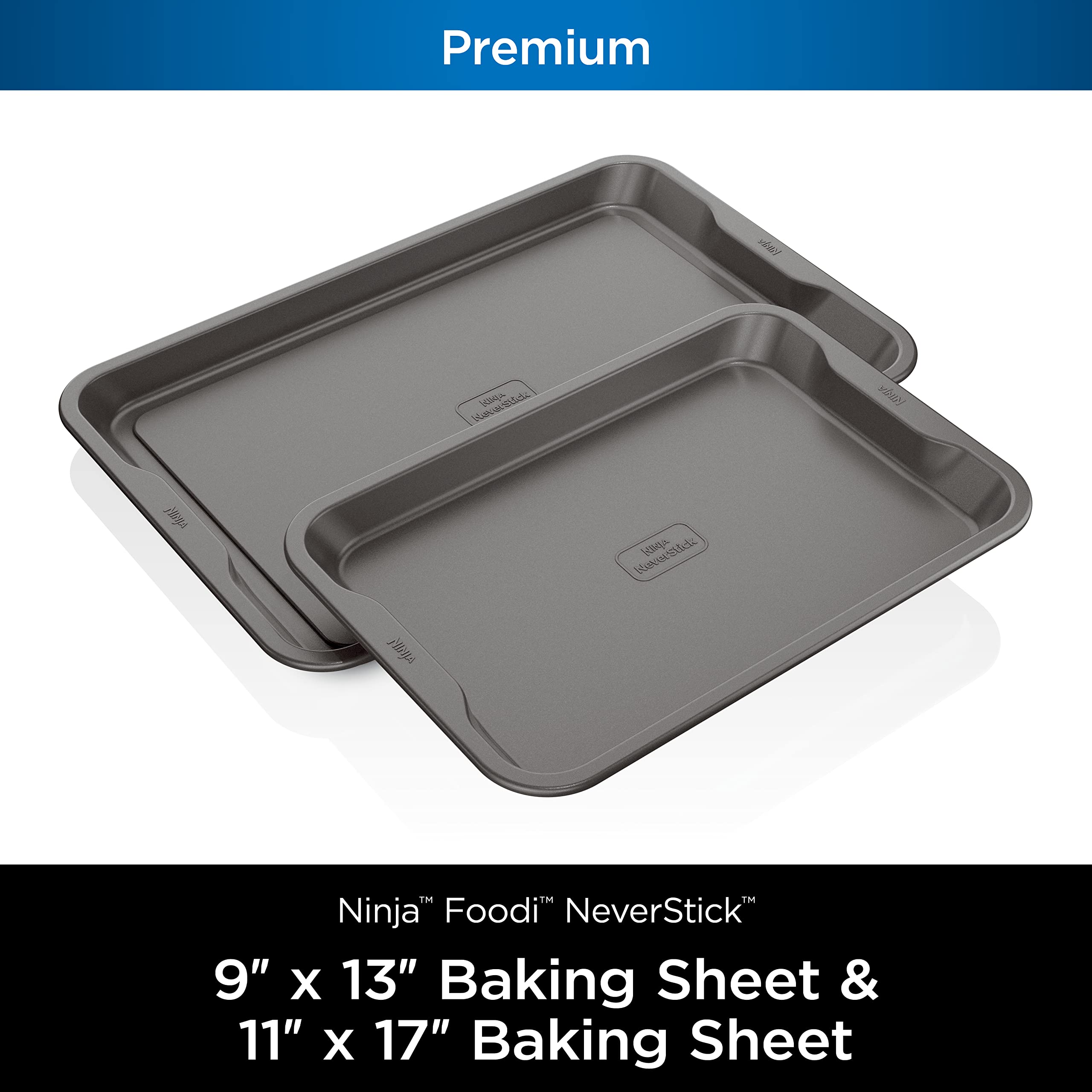 Ninja B32002 Foodi NeverStick Premium 2-Piece Baking Sheet Set, Nonstick, Oven Safe up to 500⁰F, with 9 x 13 inch Sheet & 11 x 17 inch Sheet, Dishwasher Safe, Grey